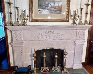 Living room fireplace candlesticks, art & andirons.