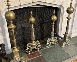 Center andirons, cannonball with dragons base.