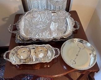 Silverplate & crystal serving pieces.
