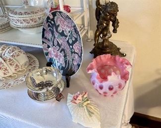 Cranberry glass & porcelain decor.