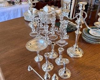 Pair of Sterling silver candelabras, sterling and crystal candlesticks,