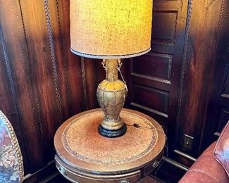 Sheraton drum table with drawers & table lamp.