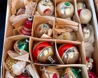 Box of vintage Christmas ornaments.