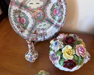 Chinese rose medallion plate & floral baskets.