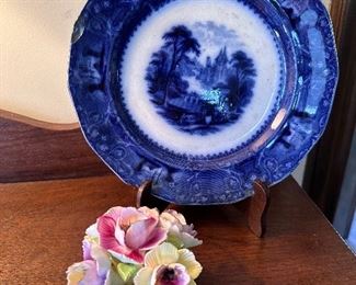 Dark blue transferware plate.