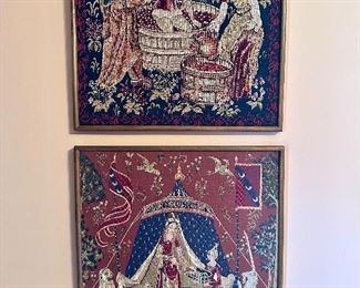 Framed needlework, The Wine Press & Lady with Unicorn.