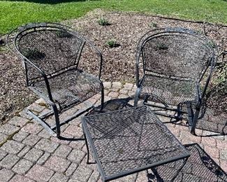 Woodard barrel back chairs & side table.