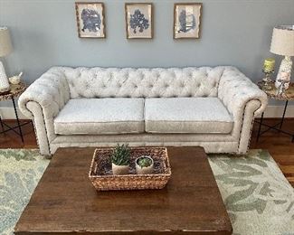 3' x 94"
Tufted Linen Couch ,
Wood Table 4 ' x 3'