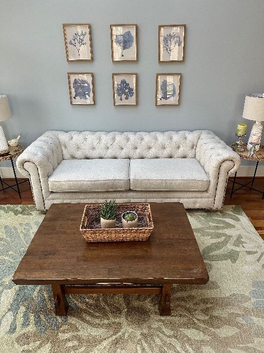 3' x 94" 
Tufted Linen Couch , 
Wood Table 4 ' x 3' 