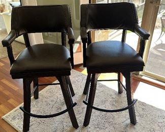 4 Brown Leather and Wood Swivel Bar Stools