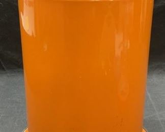 Orange Enameled Metal Waste Basket
