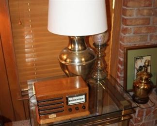 brass and glass lamp table; brass table lamp; retro radio