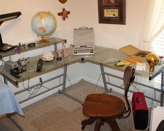 corner office desk; antique office chair