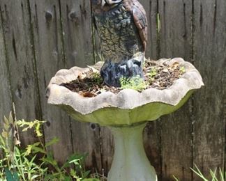 concrete birdbath; rosin owl