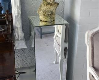 Pair beveled mirror pedestals; terracotta bust