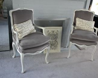 Pair painted white French style armchairs
