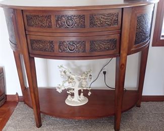 CARVED 1/2 ROUND SIDE TABLE WITH DRAWERS