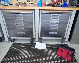 GLADIATOR  METAL STORAGE CABINETS ON WHEELS AND WORK BENCH