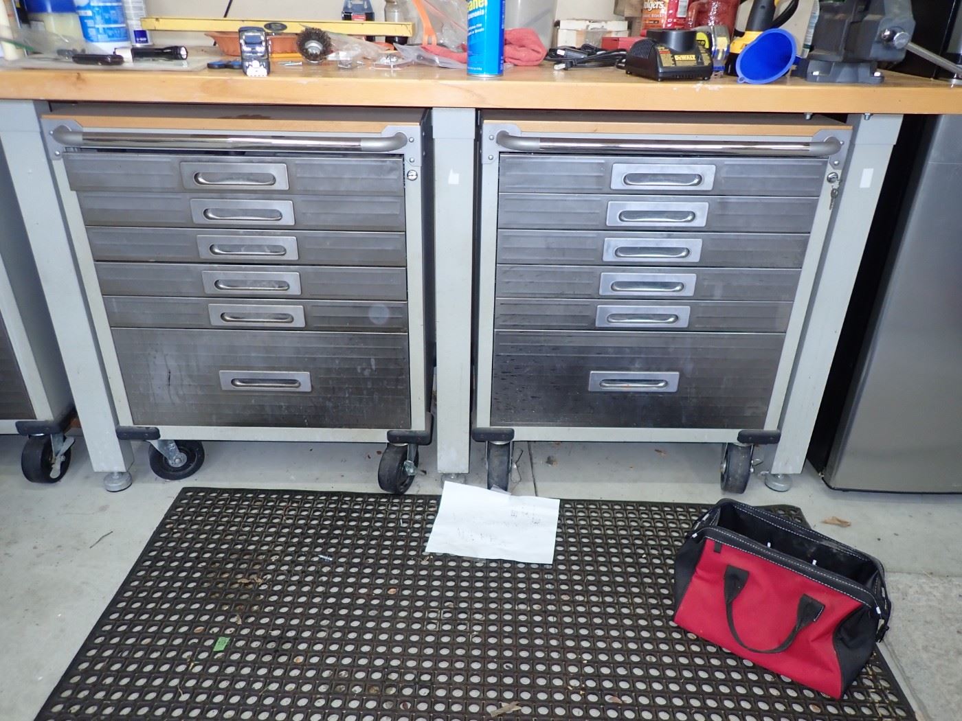 GLADIATOR  METAL STORAGE CABINETS ON WHEELS AND WORK BENCH