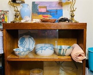 Sea themed, original, organic pottery, lovely, small glass, front bookcase, curio cabinet
