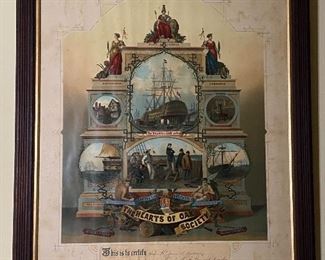 The hearts of oak society, large, framed limited edition certificate of membership, 1892 beautiful!