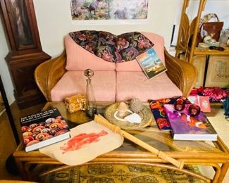 Mid-century, Rattan, coffee table and loveseat