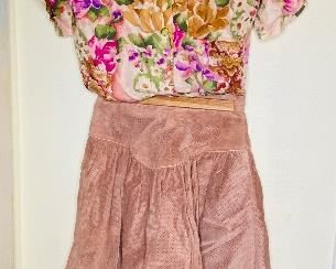 Vintage suede, leather skirt, and silk bloise