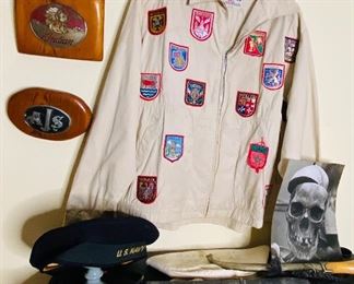 Vintage cotton bomber jacket with European patches, front and back, this is a treasure from John’s European motorcycle tour