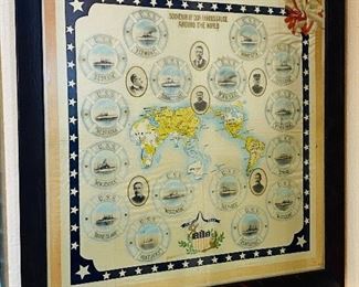 Antique Victorian framed linen souvenir of our grand tour around the world