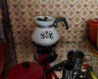 Vintage 1975 Corning Ware Tea pot, Country Festival Blue Birds, Stainless Creamer Set