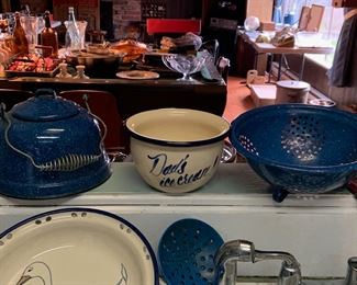 Vintage Blue Speckled Enamelware Teapot and Colander, Stoneware "Dad's Ice Cream" Bowl, Farmhouse Decor