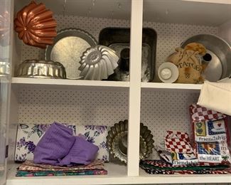 Vintage Bakeware, Copper and Aluminum Jello Molds, Hand Towels, Tablecloths, Placemats