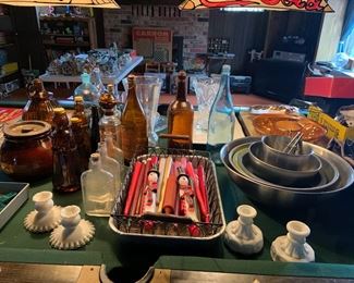 Milk Glass Candle Holders, Set of Stainless Mixing Bowls, Antique Brown Glazed Crock, Vintage Bottles