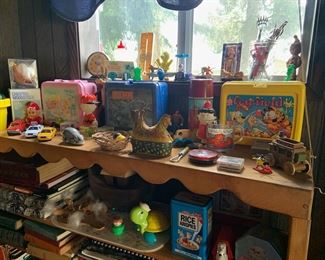 Vintage 1978 Yellow Garfield Lunch Box,  Vintage 1986 Pink Care Bears Lunch Box by Aladdin, 1991 Blue Batman Lunchbox, Assorted Toys