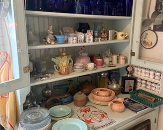 Antique Farmhouse Hutch, Mixture Of Glassware, Cobalt Glass, Fine China, Copper Teapot