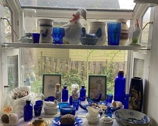 Cobalt Blue glass bottles, Sea Shell Decor, Blue Hen On Nest, Ceramic Goose Cookie Jar