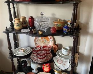 US Glass King's Crown - Ruby Sauce Dishes, Johnson Brothers - His Majesty Dinner Plate, Large Stovetop Salt and Pepper Shakers with matching Sugar Bowl