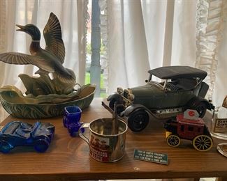 Vintage 1929 Jim Beam Decanter, Ford Phaeton Regal, Souvenir Ponderosa Ranch Tin Cup, Vintage 1950's Ceramic Mallard Duck Figurine, Cobalt Blue Avon Cologne Bottle