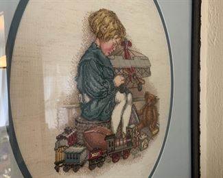 Vintage Framed and Completed Cross Stitch Pattern, "The Little Aviator" 