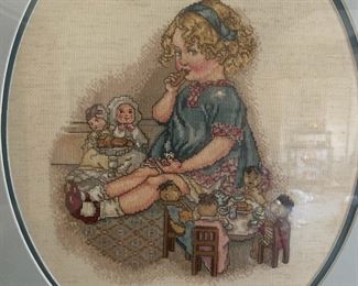 Vintage Completed and Framed Cross Stitch Pattern, "Tea Party"