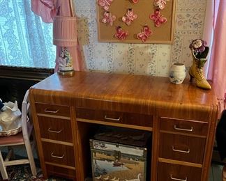 Mid Century Modern Desk, Antique Figurine Lamp, Vintage Pottery Boot Planter