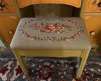 Embroidered Stool and Matching Floral and Green Vanity