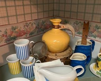 Vintage Yellow MCM Bauer Pottery Pitcher, 2 Vintage Farmhouse Style Blue Pitchers