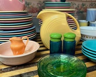 Pastel/ Rimmed Fiesta Ware, Dinnerware, Fiesta Ware Pink and Yellow Pitcher, Set of 6 Uranium Glass Bread Plates, Blue Glass Salt Shakers, Set of 5 Butterfly Gold Corning/Corelle Bowls
