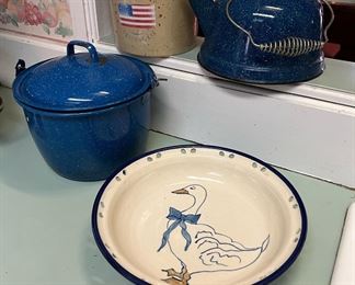 Vintage Farmhouse Goose Bowl, Blue Speckled Enamelware Pot with Lid and Teapot with Lid