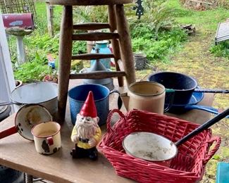 Variety of Enamelware, Blue Speckled, Red, and White