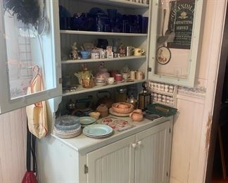 Antique Farmhouse Hutch, Mixture Of Glassware, Cobalt Glass, Fine China, Copper Teapot
