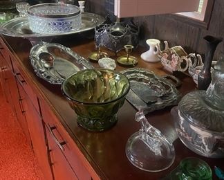 Vintage Avocado Bowl, Brass Candle Holders, Milk Glass Candle holder, Napkin Holders, Crystal Salad Bowl 