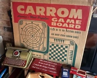 Vintage Games, Carrom Double Sided Game Board, Vintage Tin Toy Typewriter