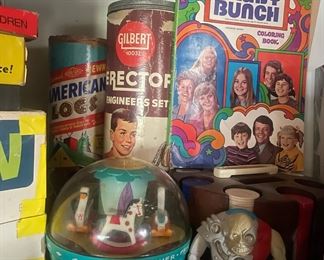 Gilbert- Erector Engineer's Set, Vintage American Logs,  1966 Fisher Price, Vintage RolyPoly Chime  Ball, Vintage Brady Bunch Coloring Book